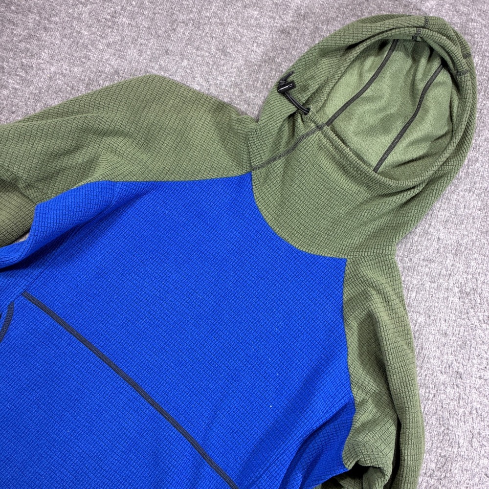 Melanzana Microgrid Fleece Hoodie Mens M Blue Green Waffle Knit Gorpcore Blemish